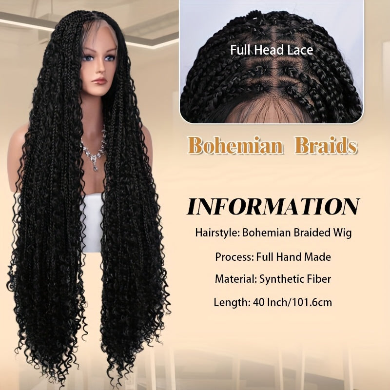 360 Lace Boho Knotless Box Braided Wig for Women - Full Double Lace with, Natural Black Synthetic Hair, Lightweight & Breathable, Perfect for Daily Wear, Parties, and Special Occasions, Versatile Hair Solution | Voluminous Br